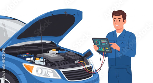 Mechanic with car diagnostic tool.