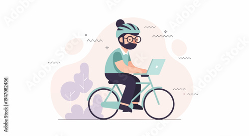 Man in helmet and glasses rides bicycle, typing on laptop