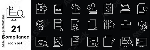 Compliance web icons in line style. Regulations, policy, legal document, quality control, responsibility, law. Editable stroke. Vector illustration.