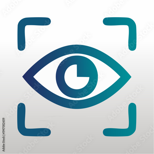 Stylized vector graphic illustration of an eye icon centered within focusing brackets indicating biometric scanning technology or digital vision verification security concept