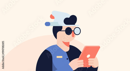 Cartoon character in futuristic headgear and glasses holds a tablet