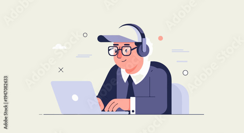 Person wearing headphones and glasses types on a laptop computer