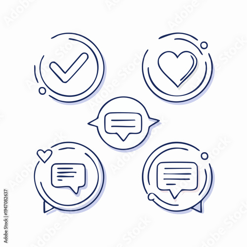 Minimalist vector graphic illustration featuring a set of communication and social media icons, including a checkmark, heart, and various speech bubbles, ideal for clean user interface design