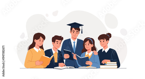 Graduation student with diverse classmates studying together, education concept