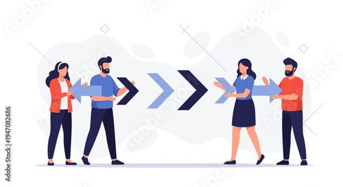 Teamwork and collaboration: people building a process with arrows