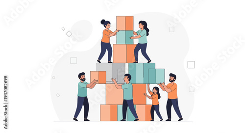 Teamwork building blocks tower, people cooperating to achieve goal, success concept