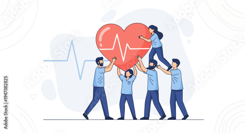 Teamwork Heart Care: People Holding Red Heart with ECG Line, Health Support Concept