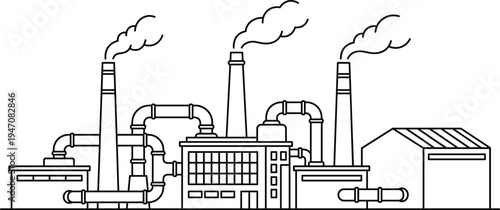 industrial factory plant illustration, manufacturing industry buildings smokestacks pipes heavy production facility line art design