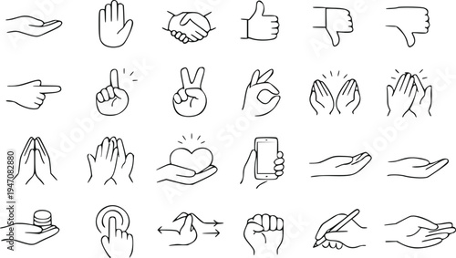 Minimal line art set of different hand gestures and actions, including handshake, thumbs up, thumbs down, pointing finger, peace sign, OK sign, clapping hands, praying hands, holding heart
