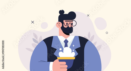 Illustrated man with beard, glasses, and bun, holding a bowl of white fluff