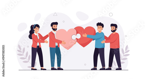 Teamwork hearts puzzle connection, people joining forces for unity and collaboration