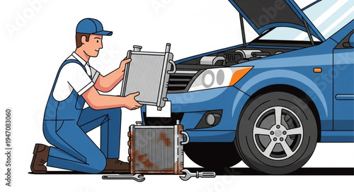 Mechanic replacing car radiator.