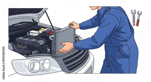 Mechanic replacing car air filter.