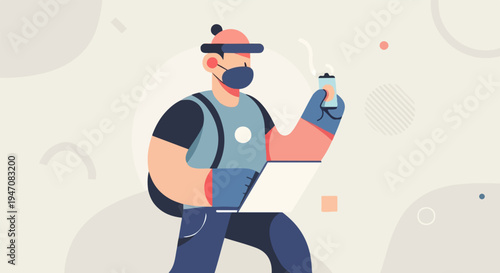 Person with laptop and beverage, wearing face mask