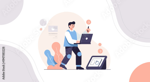 Person with laptop and digital tablet, creating art in a vibrant digital space