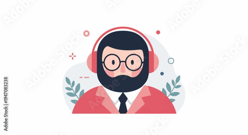 Cartoon man with headphones and glasses, wearing a suit