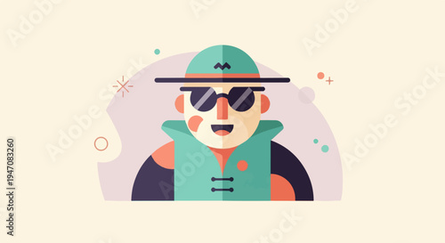 Cheerful character wearing a hat and sunglasses, surrounded by abstract shapes