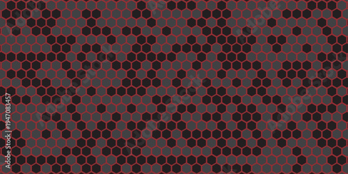 Red Outline Honeycomb Vector: Dark Textured Background, Repeating Grid, Bold Design, Bright Red Lines, Hexagon Pattern, Seamless Texture, Energetic Pattern, Impactful Background, Dark Gray Texture.