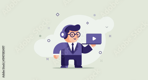 Cartoon man in suit, headphones, glasses, holding laptop with play button