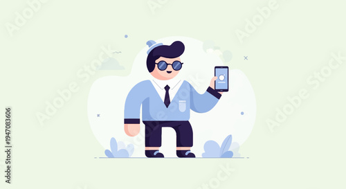 Cartoon man in blue outfit wearing glasses and hat, holding a smartphone with a circular icon