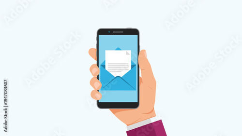 Human hand holding a modern black smartphone displaying an open blue envelope with a white document inside on a light blue background.