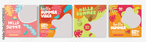 Tropical Summer sale social media posts, web banners editable templates set, summer vacation, summer holiday, summer pool party social media flyer or poster bundle with summer tropical backgrounds