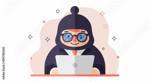 Cartoon figure in dark headwear, glasses, suit, and tie using a laptop