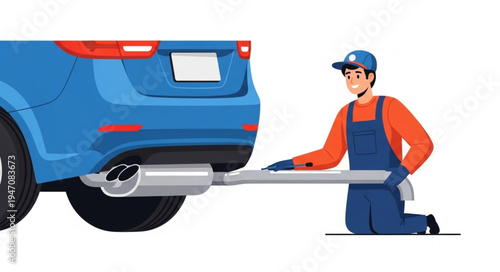 Mechanic towing blue car.