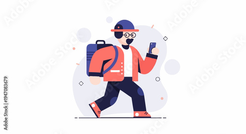 Person with backpack and phone walking, vector art