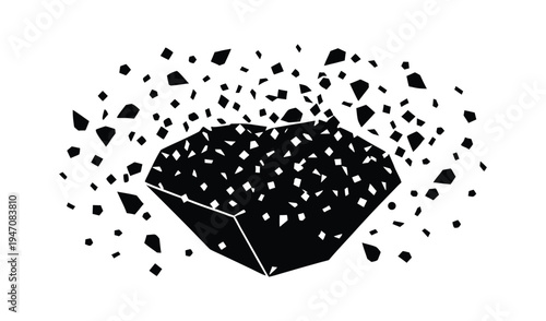 Black diamond shattering into many small pieces abstract art