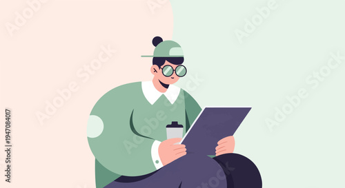 Person in green sweater and cap with glasses reads, holding a cup