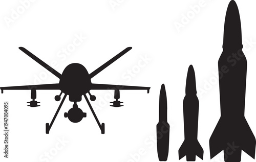 Black and white silhouette of drone and three rockets in a row des