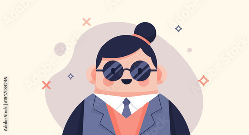 Stylized figure wearing sunglasses and suit, with abstract shapes