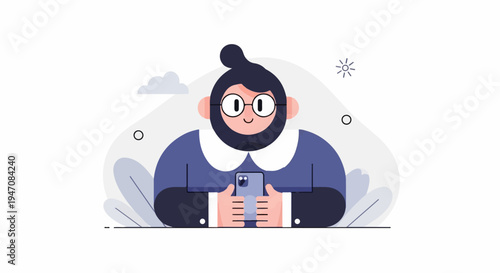 Person with glasses and beard using smartphone, simple illustration