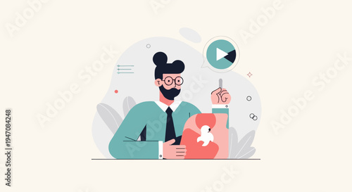 Businessman with laptop and play button, idea, learning, presentation