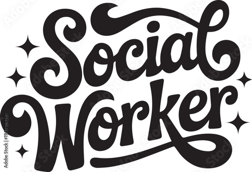 Black cursive social worker text with decorative stars des