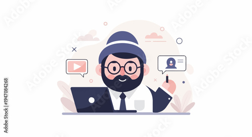 Cartoon man with beard, glasses, and hat using a laptop and speaking