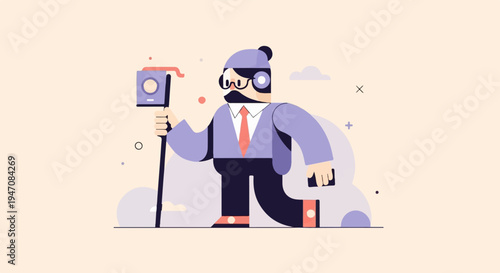 Cartoon man with camera on stick, glasses, tie, and hat