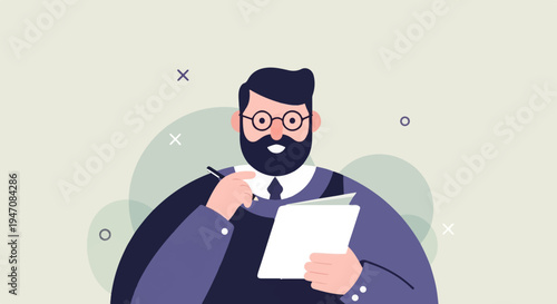Bearded man with glasses and a suit, holding a pen and notepad