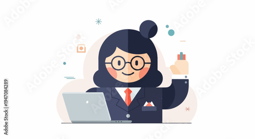 Businesswoman with laptop and marker in colorful, abstract style