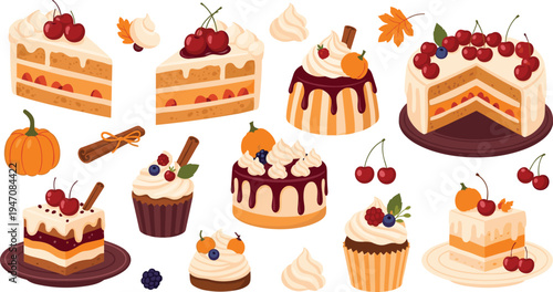 Sweet Dessert and Cake Collection with Cupcakes, Cream Topping, Cherries, Pumpkin, and Berry Pastries Illustration Set for Bakery Menu, Cafe Display, and Confectionery Design