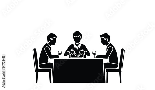 Three people sitting together at a dining table having a meal and enjoying conversation at dinner