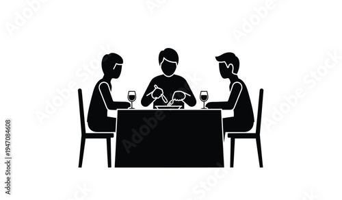 Three people sitting at a table having a meal together in a simple black and white icon graphic