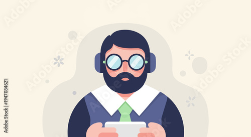 Bearded man in glasses wearing headphones holds a phone, looking focused