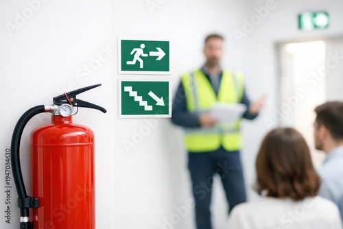 Fire safety training with extinguisher and emergency exit signs during workplace evacuation briefing