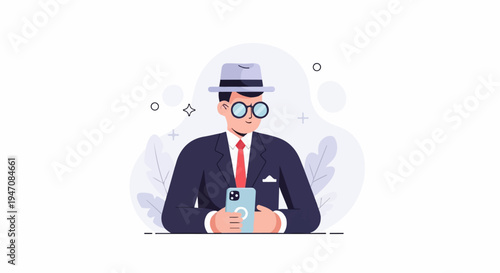 Animated man in suit and hat uses phone with abstract background