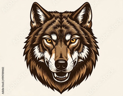 Close-up illustration of a majestic wolf's head. The animal is brown with shades of beige and gold. Its eyes are yellow