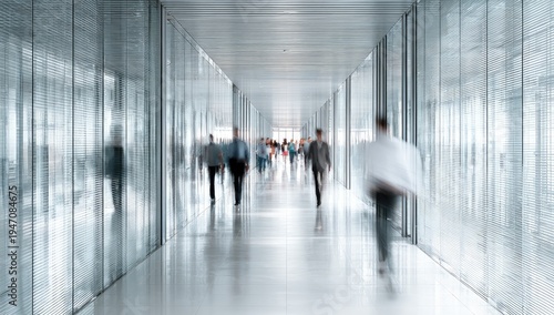 Blurred figures of people walking through a modern glass hallway.