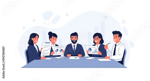 Business Meeting: Diverse Team Discussing Reports at Conference Table