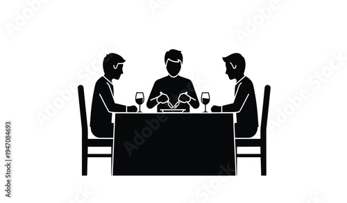 Three men sitting together at a dining table having a meal and drinking wine in a restaurant